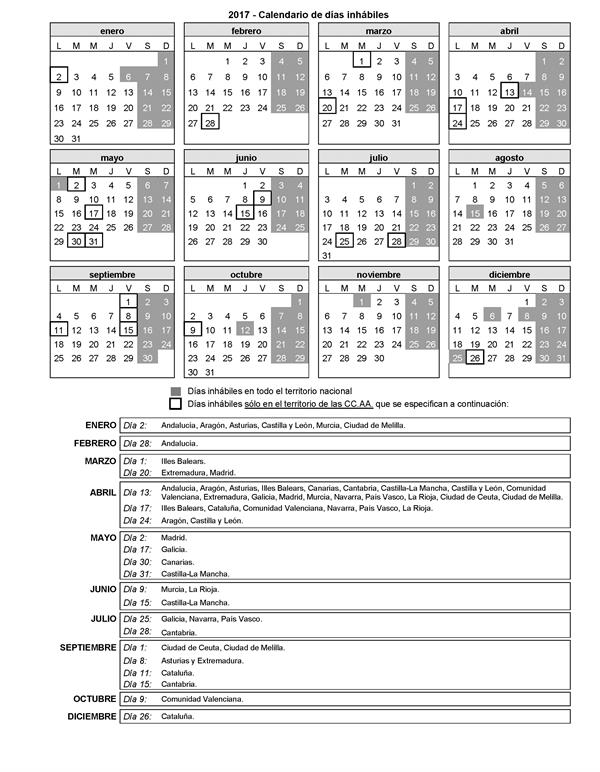 Este es el calendario de días inhábiles en el ámbito de la Administración General del Estado para 2017